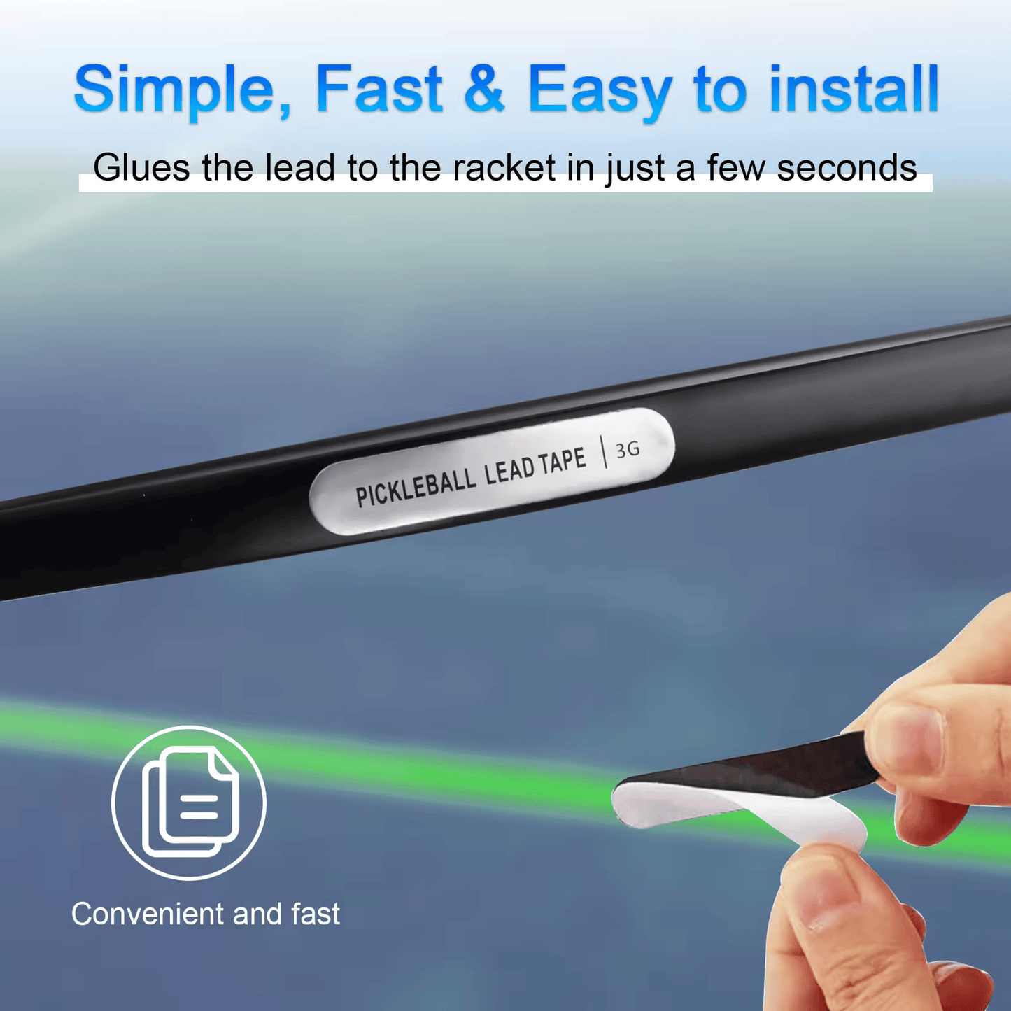 Infographic showing that custom pickleball tape is easy to apply and adheres to paddles.