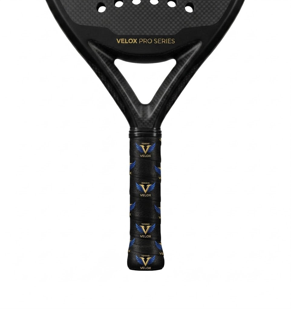 Padel racket with a black custom overgrip printed with a repeating gold and blue winged club logo.