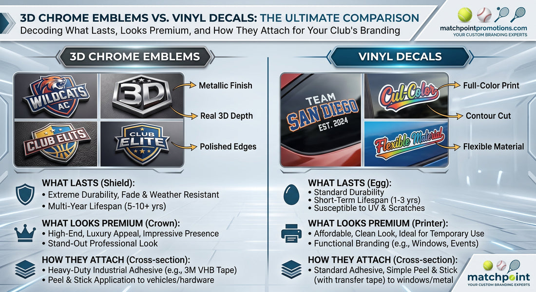Comparison infographic of 3D chrome car emblems and vinyl decals showing finish, durability and how each attaches