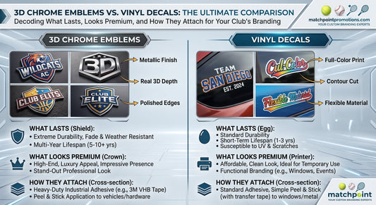 Comparison infographic of 3D chrome car emblems and vinyl decals showing finish, durability and how each attaches