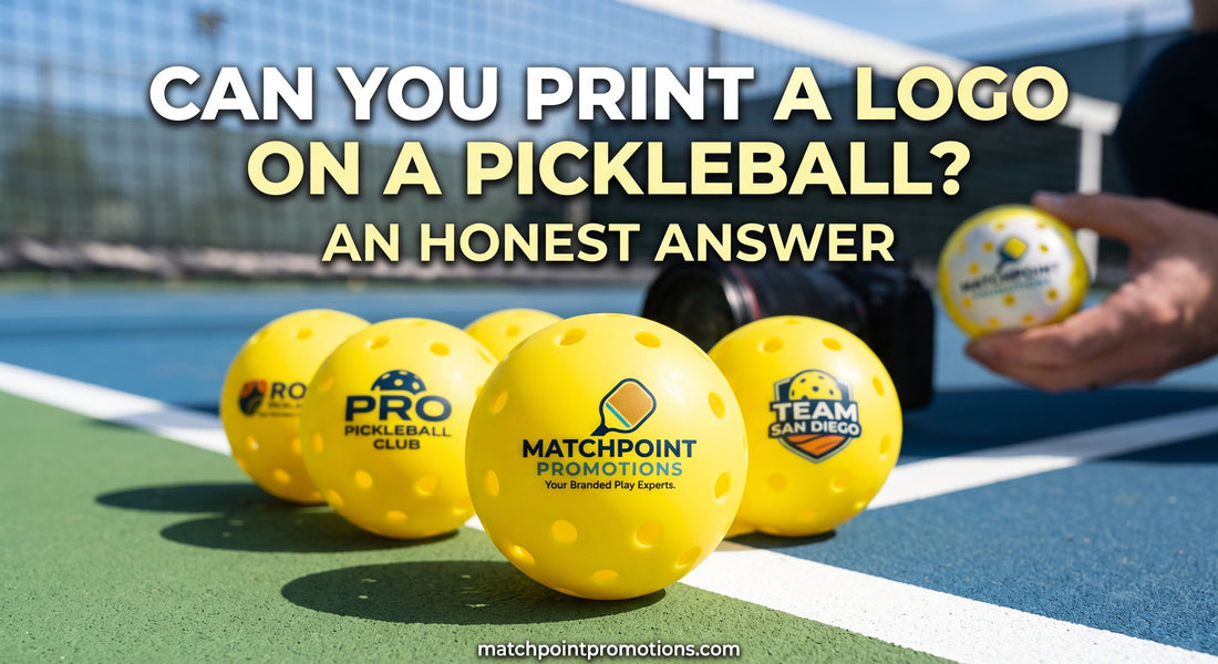 Yellow pickleballs printed with custom logos on a court