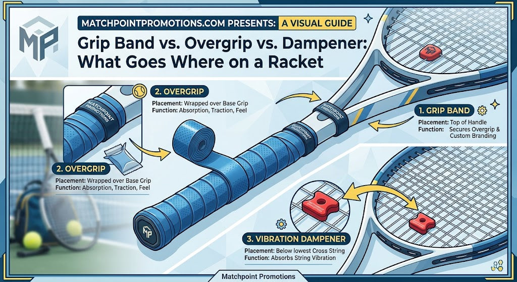 Image showing placement of overgrip, dampener and grip band on tennis racquet