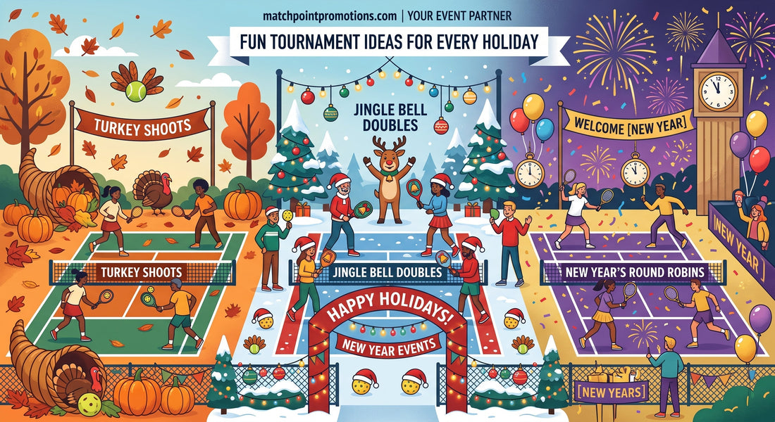 Illustration of holiday racquet events: a Turkey Shoot, Jingle Bell Doubles and a New Year's round robin