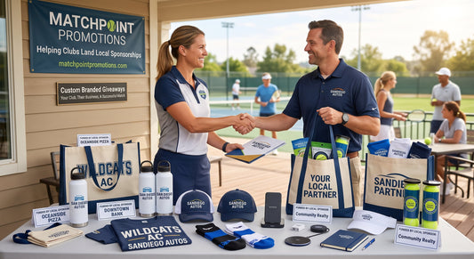Club representative shaking hands with a local sponsor beside a table of branded tote bags, bottles and hats