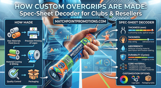 Infographic showing how custom overgrips are made, from printing to packaging, with a spec-sheet guide