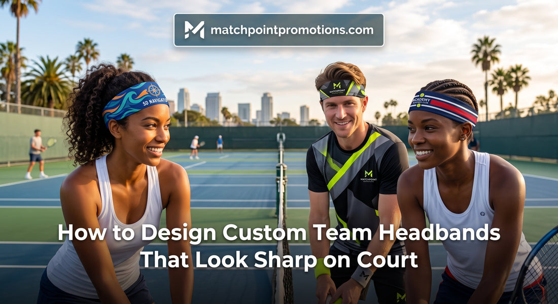 Three tennis players on a court wearing custom team headbands