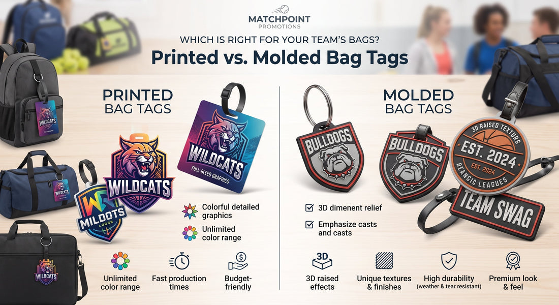 Side-by-side comparison of printed and molded custom bag tags on team sports bags