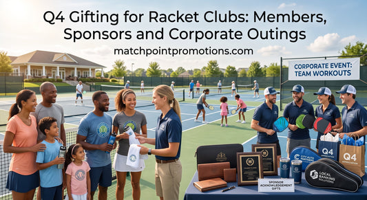 Club members at a corporate tennis event with branded gifts and awards on a table