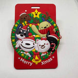 Red novelty bag tag shaped like a Christmas wreath with cartoon dogs and "Merry Xmas" text.
