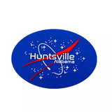 Blue oval custom magnet with a NASA-style "Huntsville, Alabama" logo.