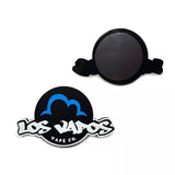 Round "Los Vapos Vape Co." custom magnet shown front and back.