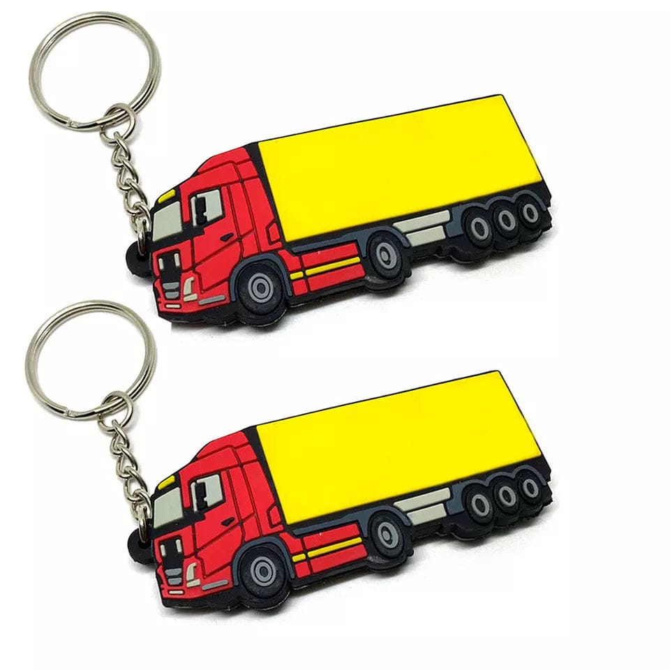 Two custom keychains shaped like a red and yellow cargo truck.