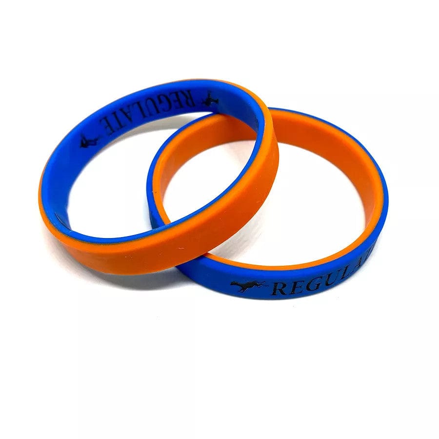 Custom rubber bracelets with an inner and outer color layer printed with client name and logo.