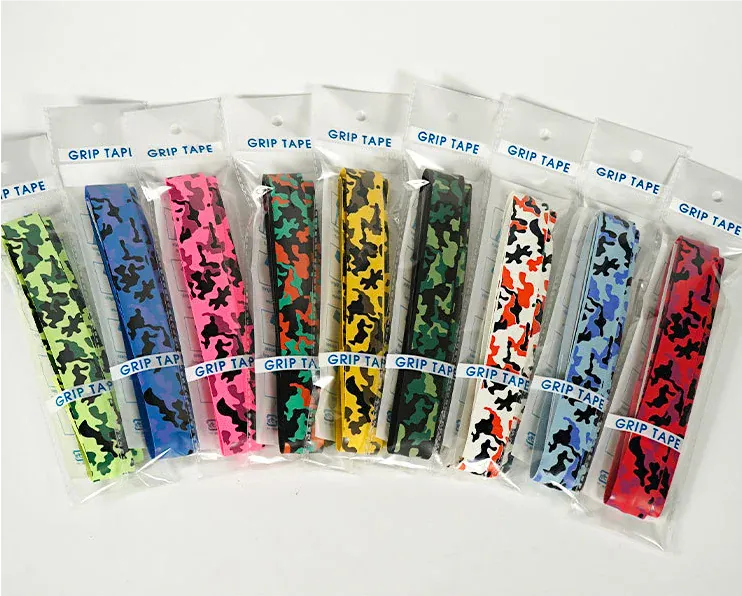 Range of custom pickleball overgrip tape with a camo pattern in different colors.