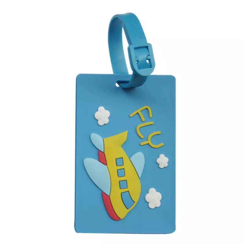 Light blue custom bag tag with a raised yellow airplane, clouds, and "Fly" lettering.