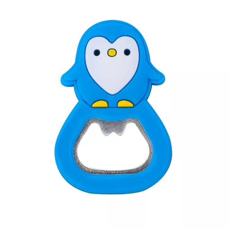 Custom bottle opener shaped like a blue cartoon penguin with a metal opener at the base.