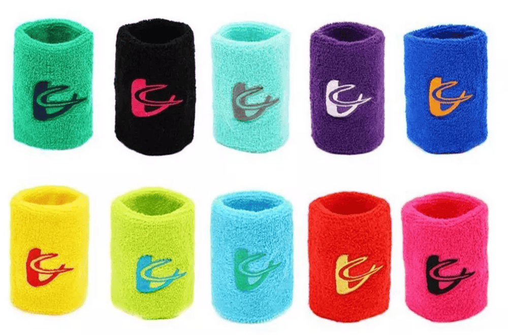 A range of custom terry cloth wristbands in ten colors, each embroidered with the same team logo.