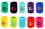 A range of custom terry cloth wristbands in ten colors, each embroidered with the same team logo.