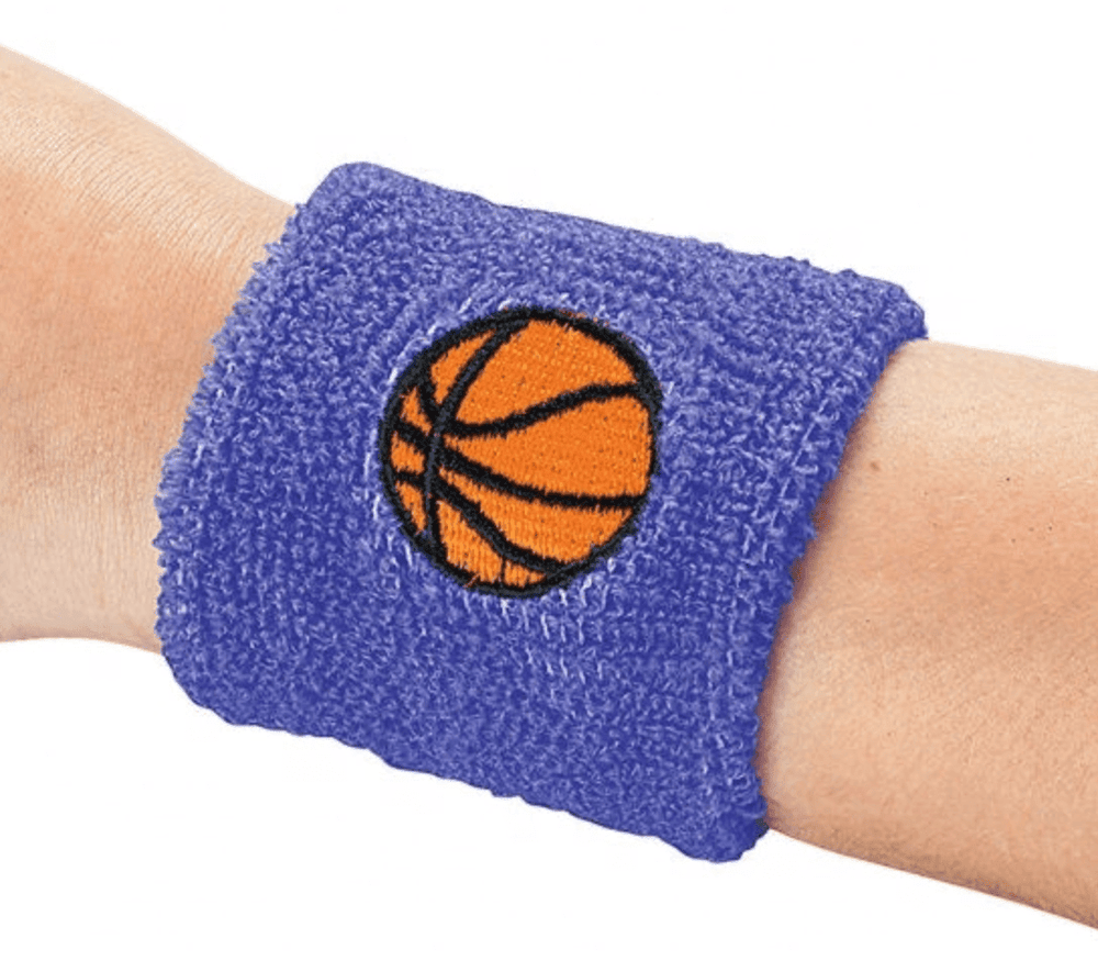 Blue custom terry cloth wristband embroidered with an orange basketball, shown on a wrist.