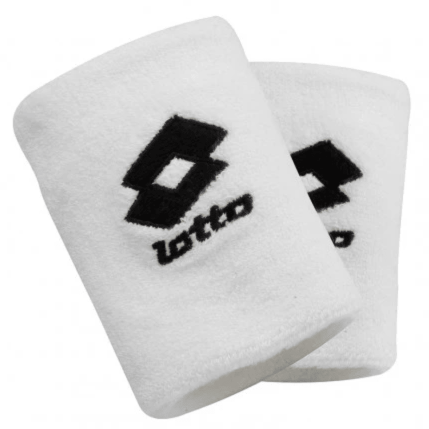 Two white custom terry cloth wristbands embroidered with a black Lotto logo.