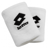 Two white custom terry cloth wristbands embroidered with a black Lotto logo.
