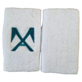 Two white custom terry cloth wristbands, one embroidered with a teal monogram logo.