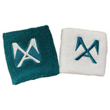 Teal and white custom terry cloth wristbands embroidered with a monogram logo.