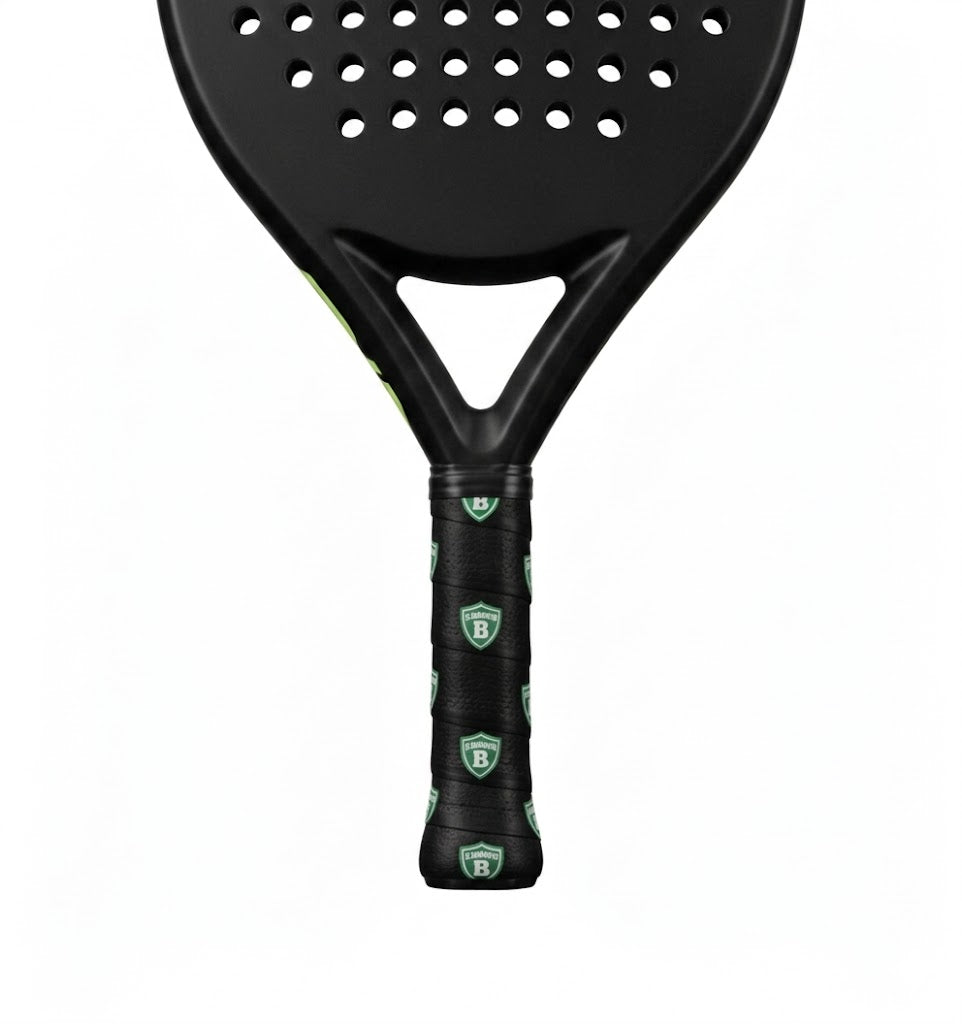 Padel racket with a black custom overgrip printed with a repeating green shield crest logo.