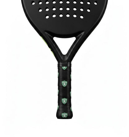 Padel racket with a black custom overgrip printed with a repeating green shield crest logo.