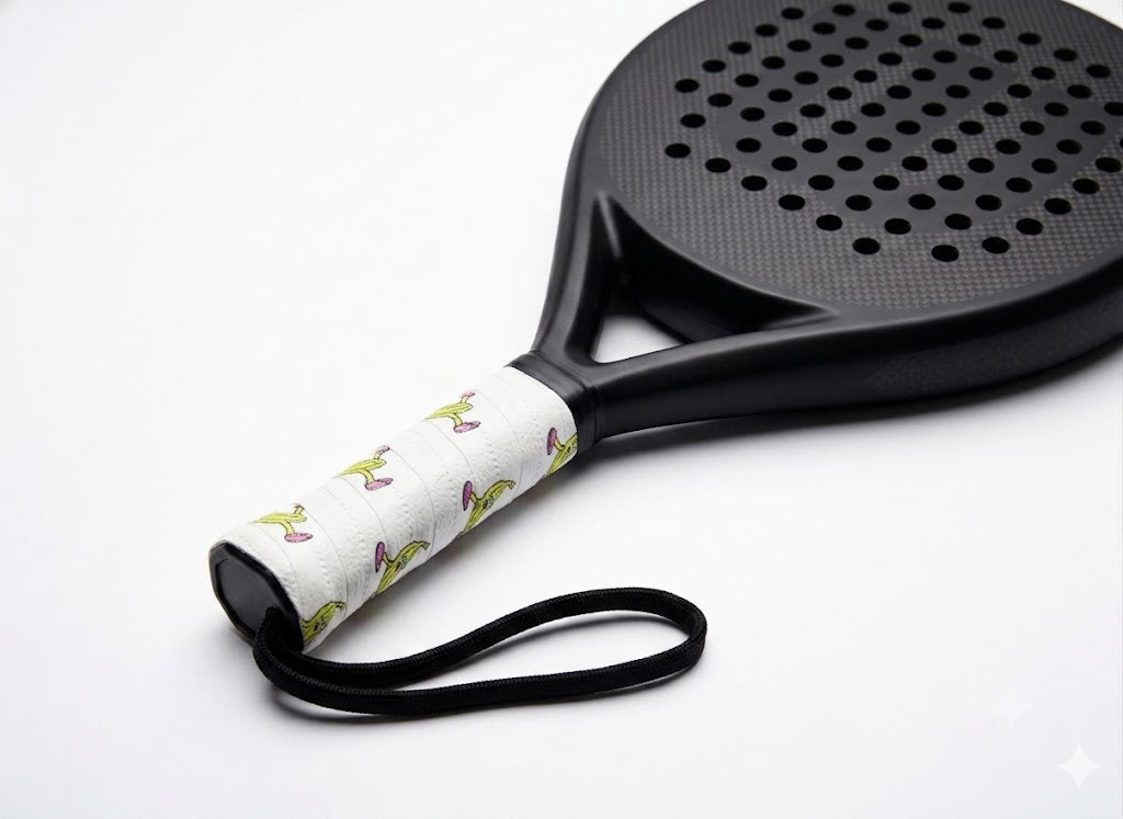 Padel racket with a white custom overgrip printed with a repeating banana pattern.