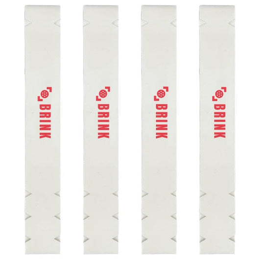 Four white custom pickleball edge guard tape strips printed with a red BRINK logo, with notched sawtooth edges.