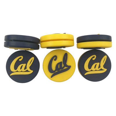 Custom black and yellow round tennis vibration dampeners printed with the client's logo.
