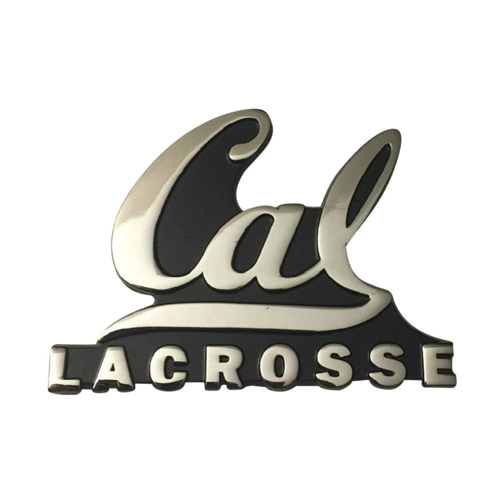 Chrome 3D car emblem of a "Cal Lacrosse" team logo in script and block lettering.