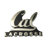 Chrome 3D car emblem of a "Cal Lacrosse" team logo in script and block lettering.