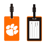 Orange Clemson tiger paw custom bag tag shown front and back, with a name and address card on the reverse.