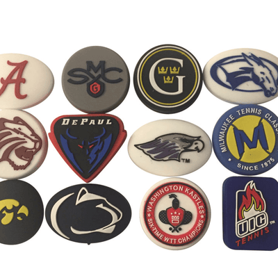 Twelve custom tennis vibration dampeners in varied shapes and designs showing customization options.