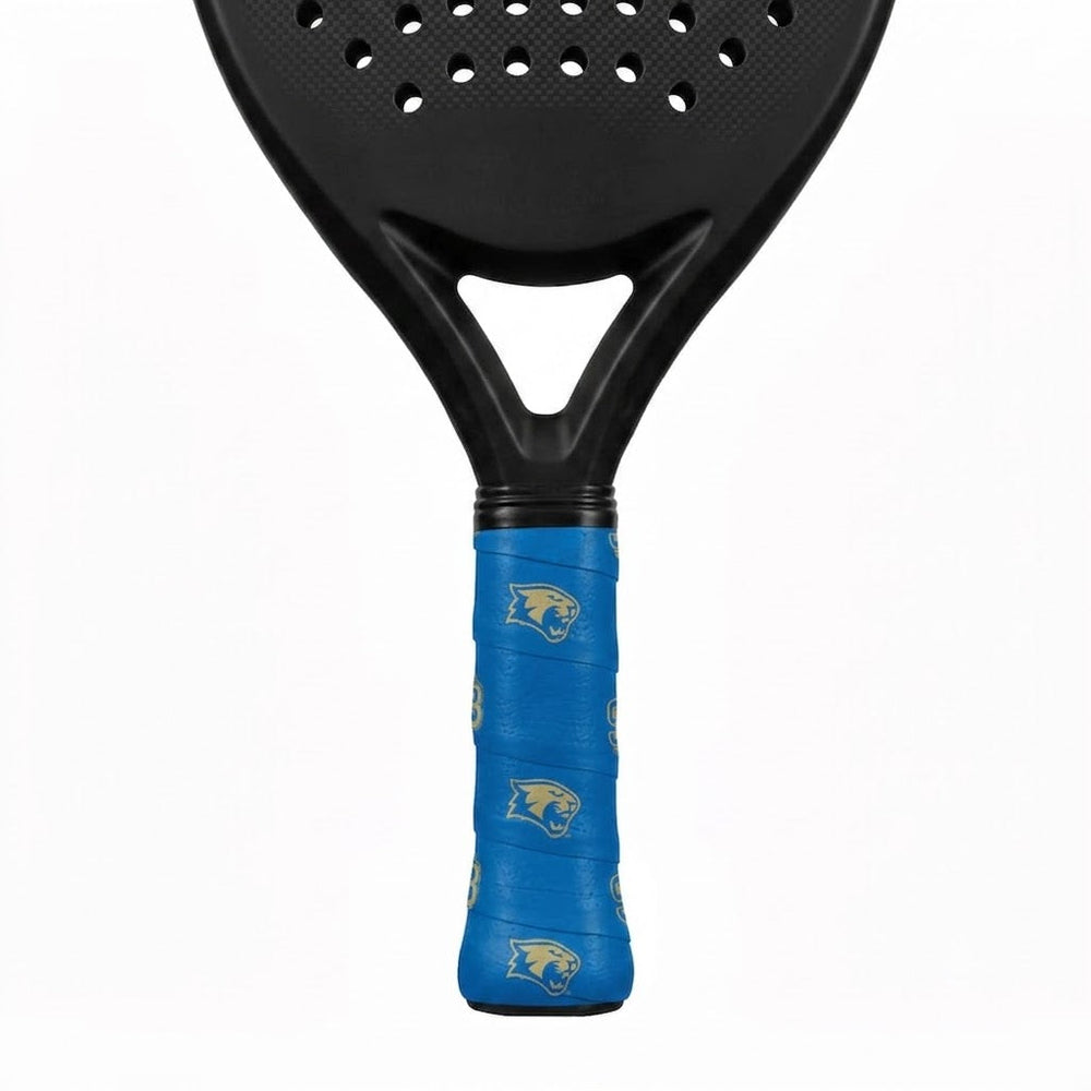 Padel racket with a blue custom overgrip printed with a repeating gold cougar mascot logo.