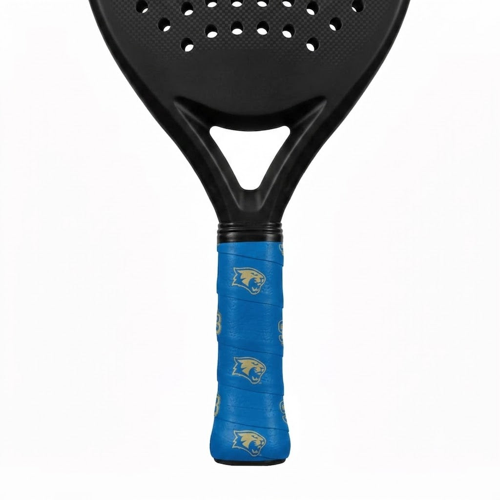 Padel racket with a blue custom overgrip printed with a repeating gold cougar mascot logo.
