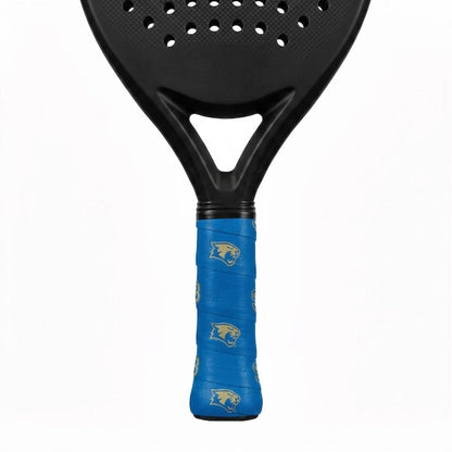 Padel racket with a blue custom overgrip printed with a repeating gold cougar mascot logo.
