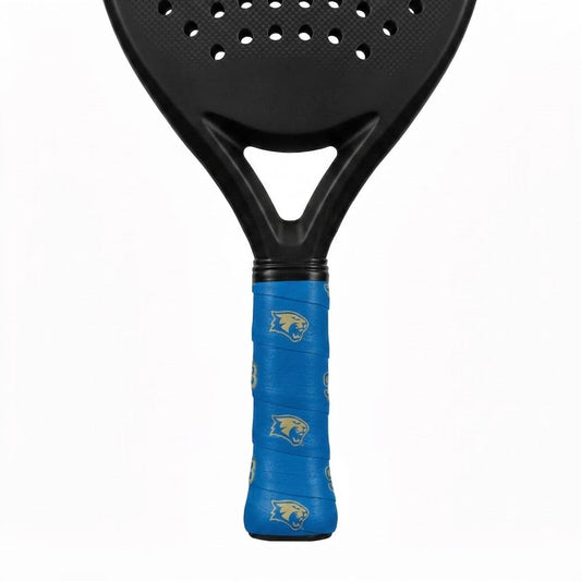 Padel racket with a blue custom overgrip printed with a repeating gold cougar mascot logo.