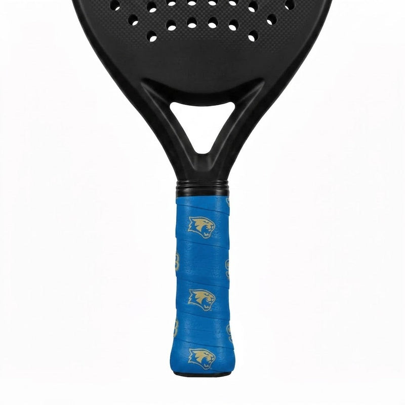 Padel racket with a blue custom overgrip printed with a repeating gold cougar mascot logo.