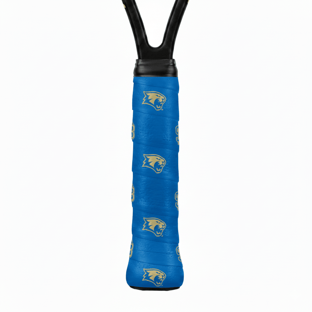 Blue custom tennis overgrip printed with a repeating gold cougar head logo on a racket handle.