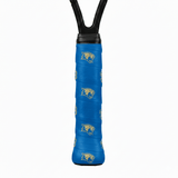 Blue custom tennis overgrip printed with a repeating gold cougar head logo on a racket handle.