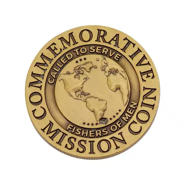 Antique gold custom challenge coin with a raised 3D world map and lettering in bare metal, no enamel color