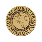 Antique gold custom challenge coin with a raised 3D world map and lettering in bare metal, no enamel color