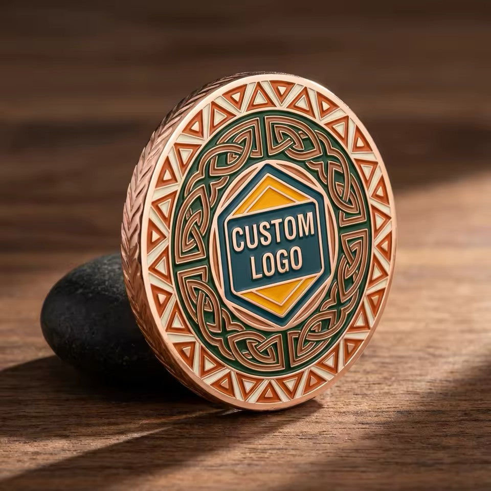 Copper custom challenge coin standing on its edge, showing raised metal detail, enamel color, and coin thickness