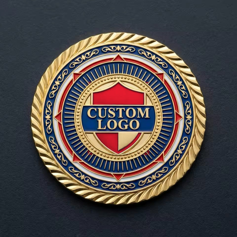 Gold custom challenge coin with blue, red, and white enamel around a center "Custom Logo" sample design
