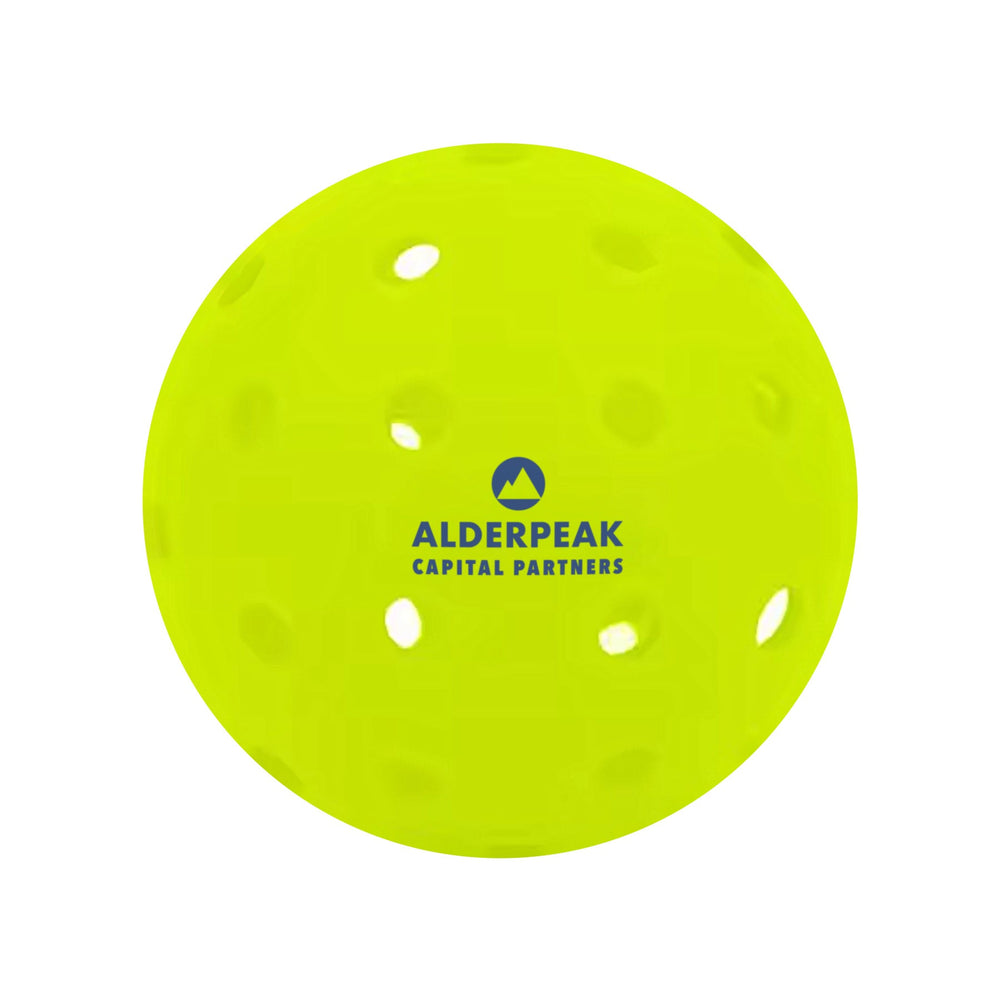 Custom pickleball printed with a corporate sponsor logo in blue