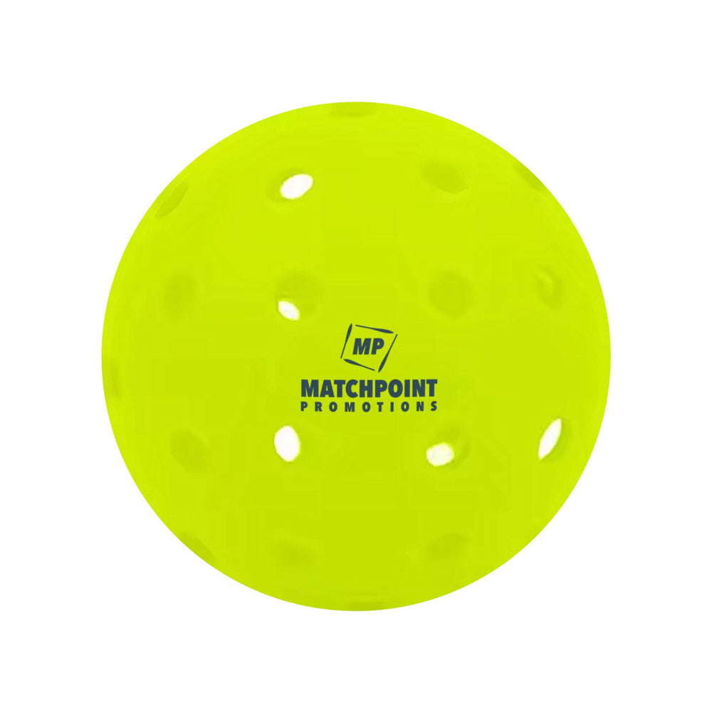 Custom pickleball printed with the MatchPoint Promotions MP monogram in navy