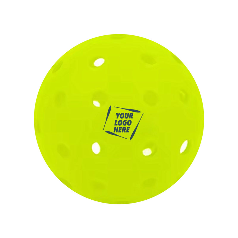 Custom printed pickleball with a "Your Logo Here" imprint